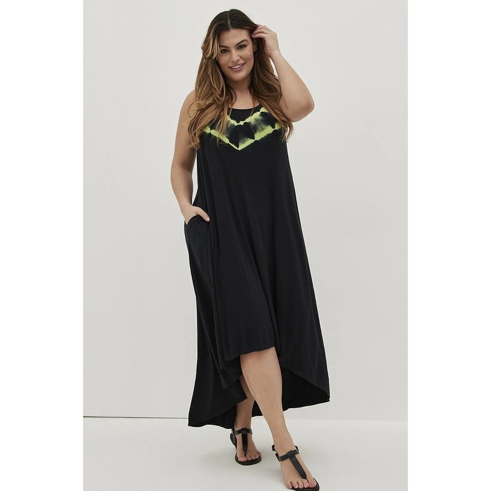 Torrid Women Maxi Dress 4X Black Neon Lime Tie Dye Hi-Low Sleeveless Super Soft